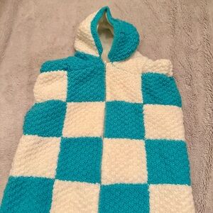 Handmade Crochet Baby Bunting Teal White Checkerboard Hooded Zip